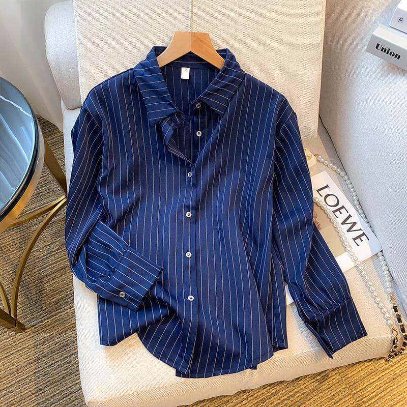 Korean Style Blue Loose Stripe soft cotton Shirt Women OL Wear Casual