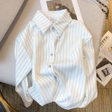 Korean Style White Loose Stripe soft cotton Shirt Women OL Wear Casual Blouse Top