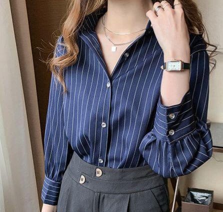 Korean Style Blue Loose Stripe soft cotton Shirt Women OL Wear Casual Blouse Top