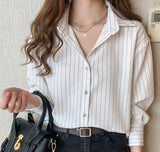 Korean Style White Loose Stripe soft cotton Shirt Women OL Wear Casual Blouse Top